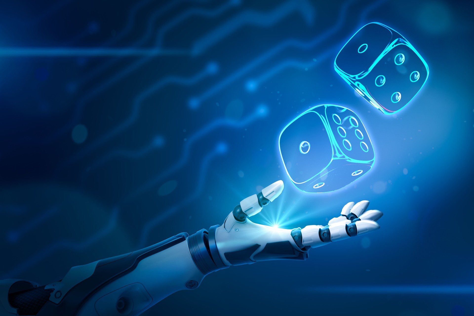 Robotic hand and neon casino dice on blue background
