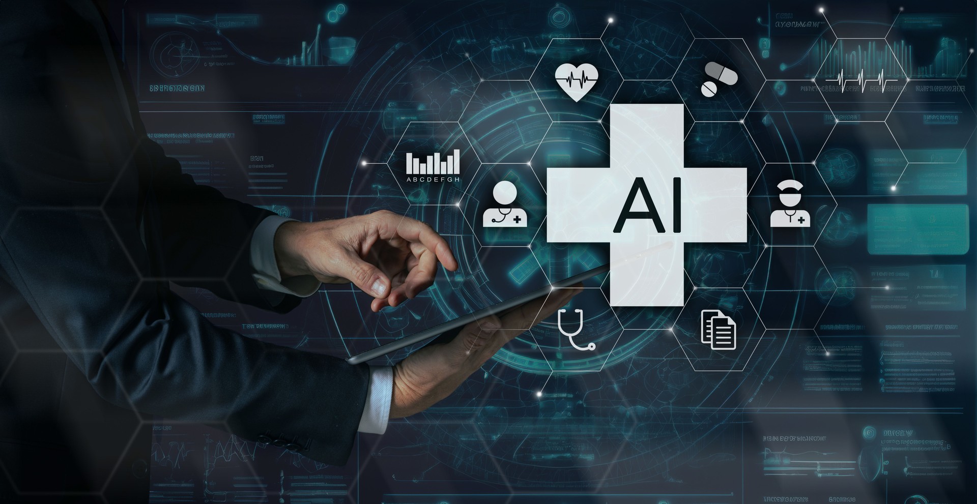 Artificial intelligence for patient treatment. Doctor use AI for diagnosis. Medical research concept