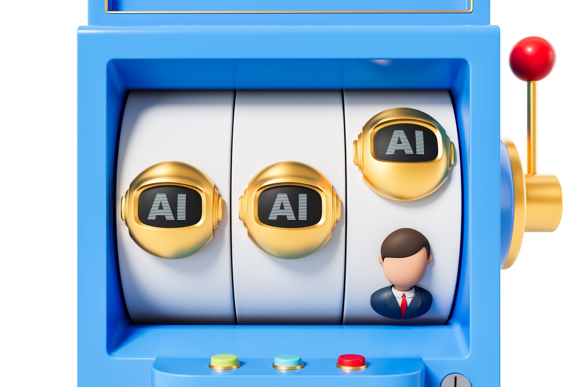 Slot machine with AI-themed icons and human character symbolizing artificial intelligence and people interaction concept in a casino setting. 3D Rendering
