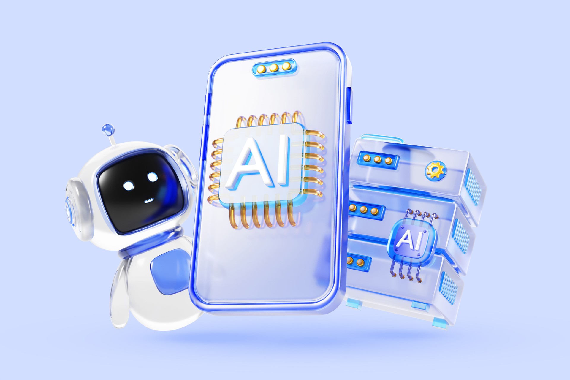 Artificial intelligence technology 3d blue background. Glass smartphone with ai chip, chat bot robot character, data server. Machine learning, support service assistant in mobile app