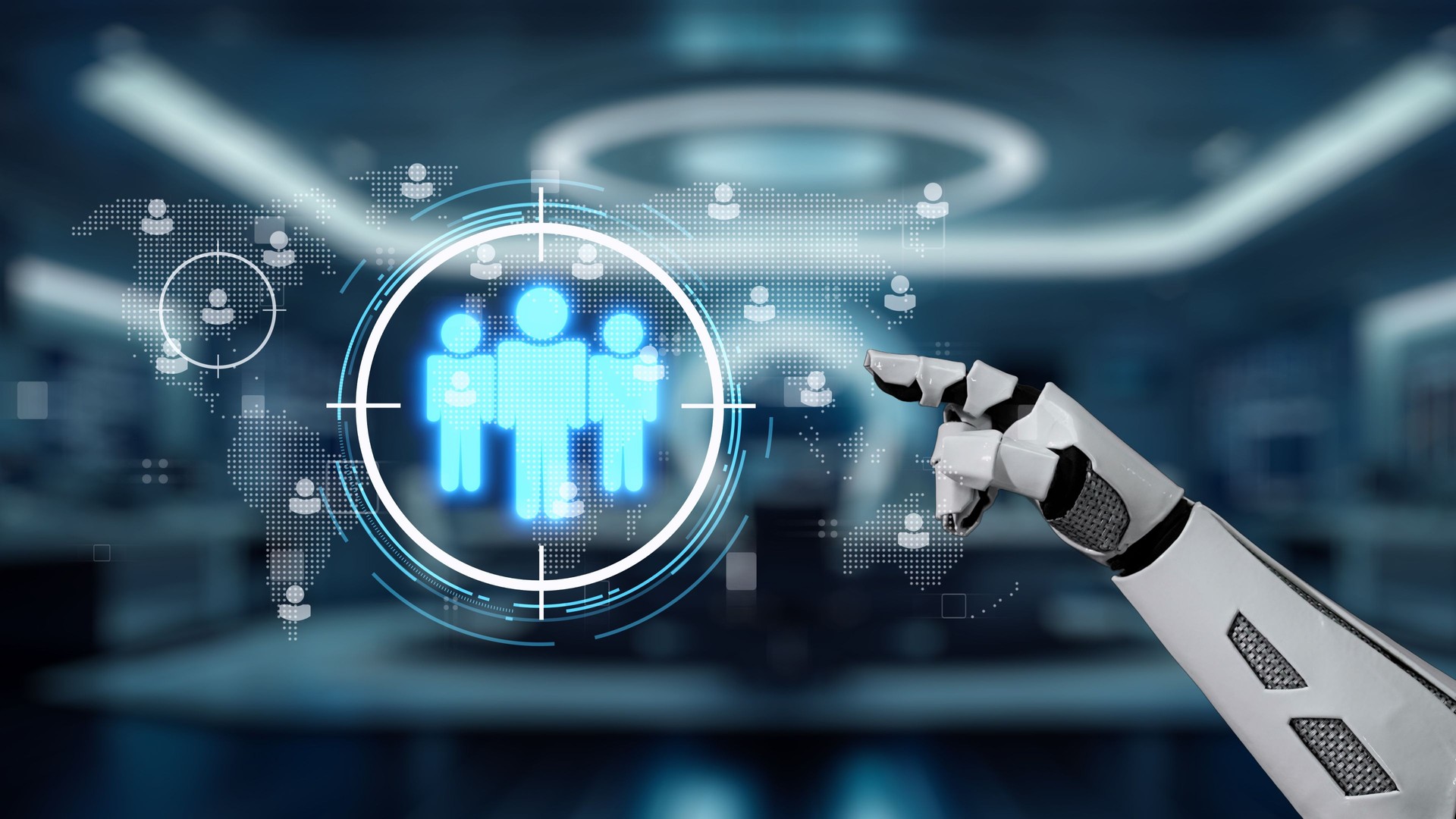 Futuristic Robotic Hand Interfacing with Digital People Icons on a High-Tech Display in an Office Environment. Auvana