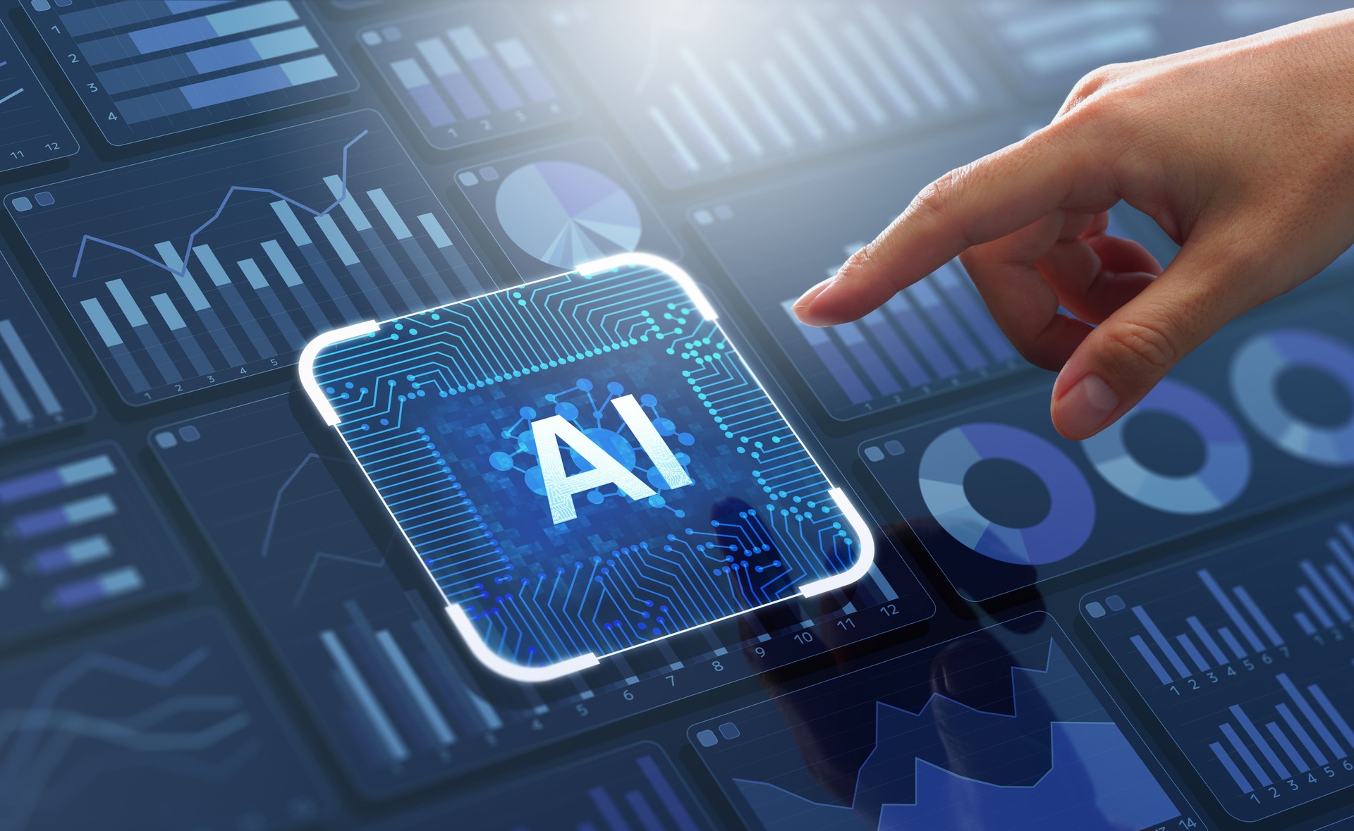 AI generative artificial intelligence and data analysis. Analyzing business financial data or marketing statistic. AI generate analytics results with many graphs on dashboard.